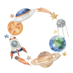 Watercolor wreath with planets, rockets, stars. Hand drawn isolated illustration on white background - 763224800