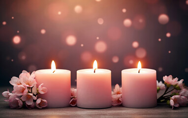 Fototapeta na wymiar Lighted scented candles and flowers on a pastel pink background. Horizontal banner on the spa and aromatherapy theme. Template with free space for text.