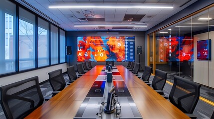 a conference room where AI-driven smart walls dynamically display relevant information and graphics, enhancing the overall communication experience