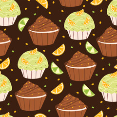 Flat vector illustration seamless pattern of baked goods, cupcakes.