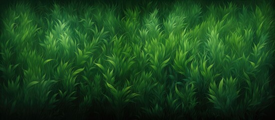 Fototapeta na wymiar A lush field of green grass contrasts against a dark background, creating a striking visual of terrestrial plants covering the ground like a natural carpet
