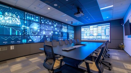 a conference room where AI-driven smart walls dynamically display relevant information and graphics, enhancing the overall communication experience