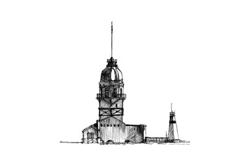 Naklejka premium Drawing sketch of Istanbul Maiden's Tower