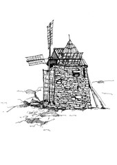 Drawing sketch of ancient windmill 