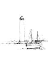 Sketch og lighthouse and boat