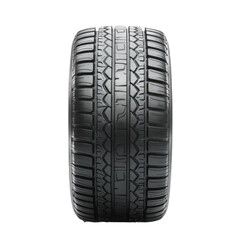 Isolated black rubber car tire on white background with new tread pattern