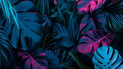 Tropical monstera leaves in neon light. 3D rendering