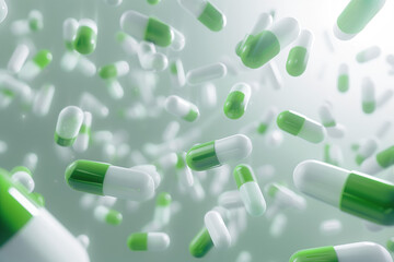 Flying medical pills in white and green 