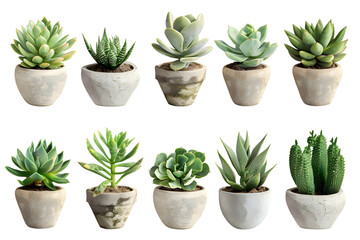 Fototapeta premium Array of succulent plants in pots isolated on white or transparent background
