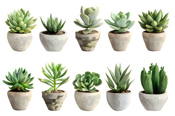 Array of succulent plants in pots isolated on white or transparent background