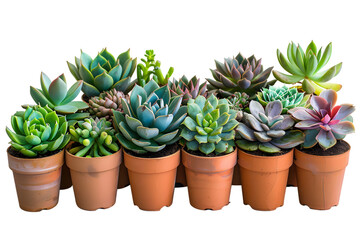 Array of succulent plants in pots isolated on white or transparent background
