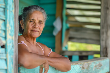 An elderly Cuban woman leaning on the balustrade of a wooden veranda