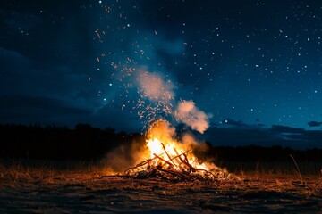 Crackling bonfire with smoke rising into a clear night sky filled with stars - obrazy, fototapety, plakaty