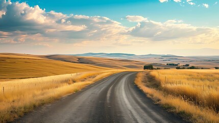 A rural road winding through open fields, converging to a distant point where the sky meets the landscape, beautiful view