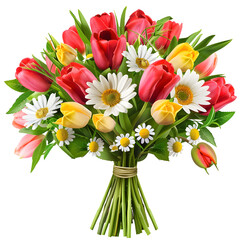 Bouquet of fresh flowers (roses, tulips, daisies) isolated on white or transparent background 