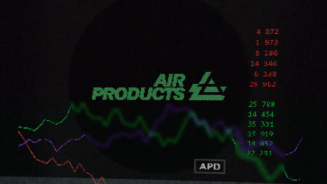 March 19th 2024 , Allentown, Pennsylvania. Close up on logo of Air Products and Chemicals on the screen of an exchange. Air Products and Chemicals price stocks, $APD on a device.