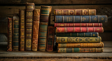 Vintage Books Collection Stacked on Wooden Background Retro Library Concept with Antique Literature Piles in Closeup Shot