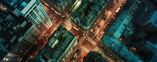 top view of city streets and buildings at night - obrazy, fototapety, plakaty