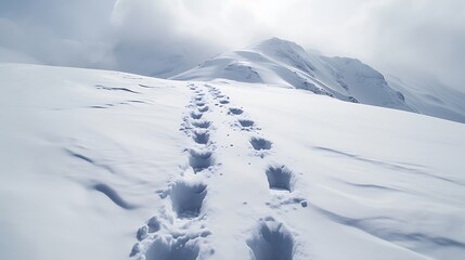 Fototapeta na wymiar A snowy mountain trail with converging footprints, disappearing into the snowy landscape towards the vanishing point