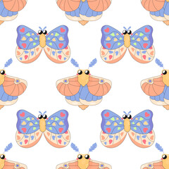 Seamless pattern, maple moth, butterfly. cartoon baby. on white background for fabric, wrapping paper