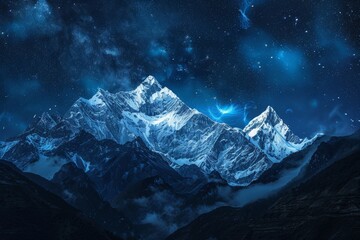 Majestic mountains capped with snow under a starry night sky with curls of smoke