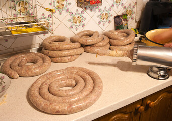 Appetizing home-made sausage, it is meat ground in a meat grinder and added spices, garlic, black...