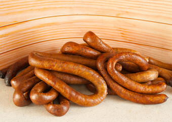 Appetizing and fragrant home-made sausage in its finished form after smoking