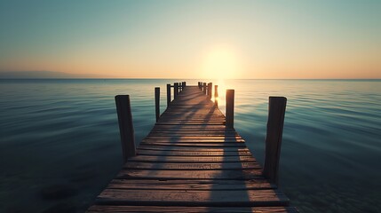 A sunlit pier extending into calm waters, its posts forming converging lines towards the  long...