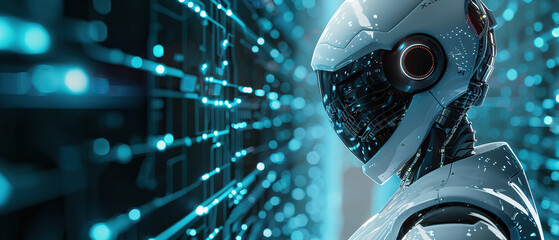  AI robot using cyber security to protect information privacy. Futuristic concept of cybercrime prevention by artificial intelligence and machine learning process. 3D rendering - obrazy, fototapety, plakaty