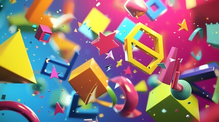 Colorful 3d rendering abstract background with geometric shapes and confetti