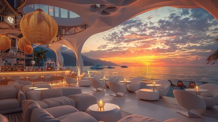 The luxurious beach club bar at sunset. Generative AI. - obrazy, fototapety, plakaty