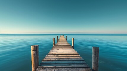 A sunlit pier extending into calm waters, its posts forming converging lines towards the distant...