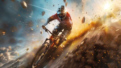 Experience the thrill of extreme sports with high-resolution shots capturing mountain biking excitement. Energy, danger, realism. - obrazy, fototapety, plakaty