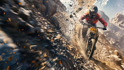 Experience the thrill of extreme sports with high-resolution shots capturing mountain biking excitement. Energy, danger, realism.