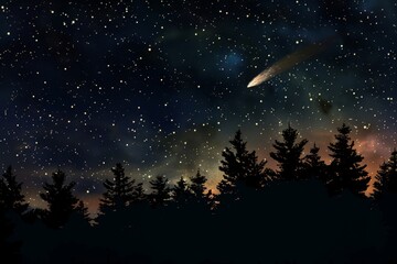 Silhouette of a comet with smoke tail under a starry night celestial event. - obrazy, fototapety, plakaty