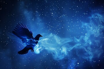 Silhouette of a dove with smoke trail under a starry night peace symbol