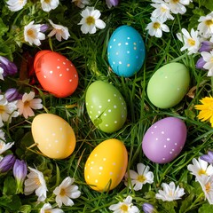 Fototapeta na wymiar Cheerful Easter Eggs scattered amidst blooming spring flowers in a garden For Social Media Post Size