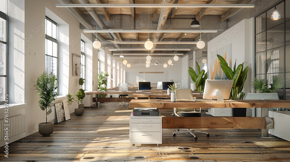 Leinwandbilder an open office space with white and wooden desks, computers on the tables. generative ai.