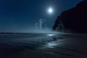 Silhouette of a moonlit beach with smoke waves under a starry night serene tide.