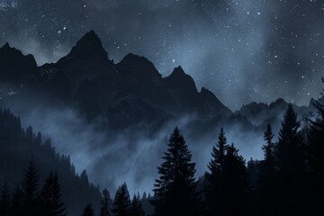 Fototapeta na wymiar Silhouette of a mountain pass with smoke mist under a starry night epic journey.