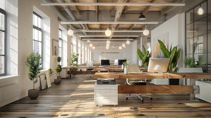 An open office space with white and wooden desks, computers on the tables. Generative AI.