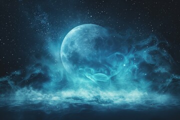 Silhouette of a mystic orb with smoke aura under a starry night spiritual energy. - obrazy, fototapety, plakaty