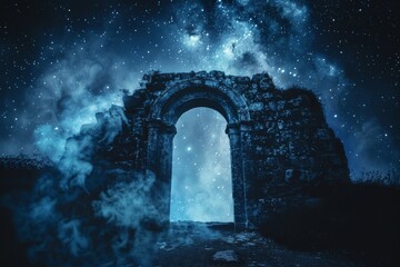 Silhouette of a stone archway with smoke portal under a starry night mystical entrance. - obrazy, fototapety, plakaty