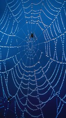 Spider on a dewy web against a blue sky