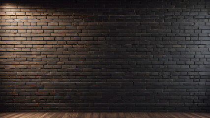  brick wall with wooden floor may used as background. brick wall, dark background for design. AI generated image, ai.