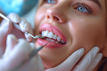 Dental hygienist using ultrasonic scaler for thorough teeth cleaning and plaque removal