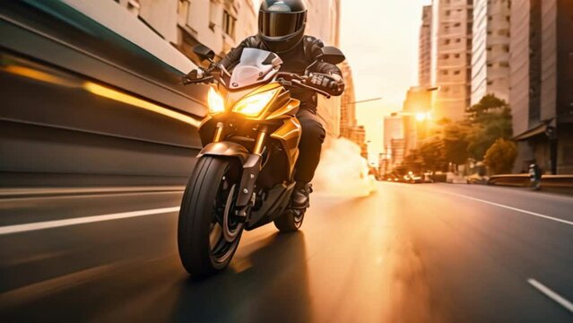 Motorcyclist with helmet at high speed, blurred lights, city road
