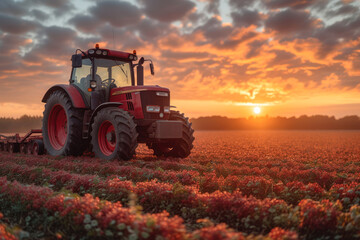 Diligent farmer plowing the field with a vintage tractor at sunrise