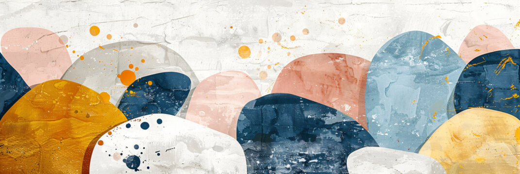 Abstract painted figurs and textured circular shapes on a rough plaster wall. Contemporary art concept for interior design and decorative backgrounds.