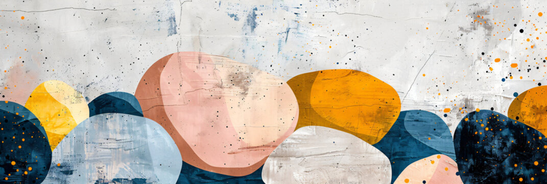 Abstract painted figurs and textured circular shapes on a rough plaster wall. Contemporary art concept for interior design and decorative backgrounds.